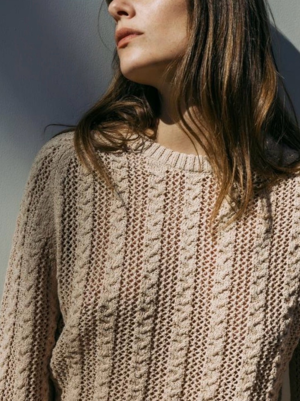 Zara Mixed Mesh Oatmeal Cable Knit Sweater - Women's Cozy Crewneck